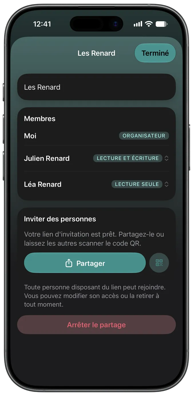Écran de partage avec la famille montrant deux personnes ayant accès au même animal