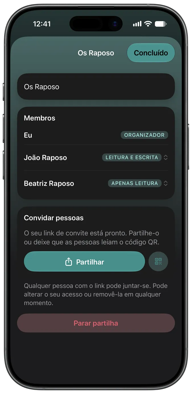 Ecrã de partilha em família com dois cuidadores com acesso ao mesmo animal