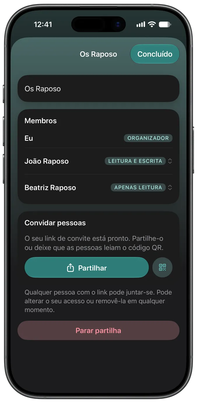Ecrã de partilha em família com dois cuidadores com acesso ao mesmo animal
