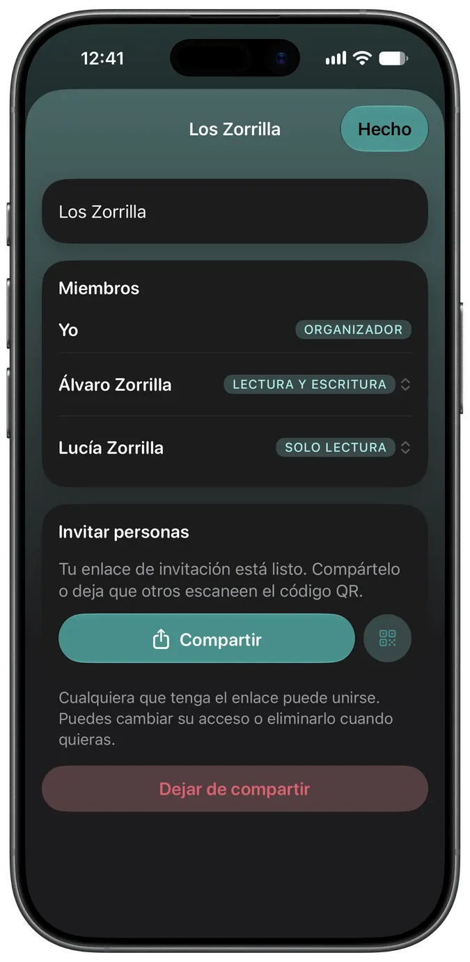 Pantalla para compartir en familia con dos cuidadores que tienen acceso a la misma mascota