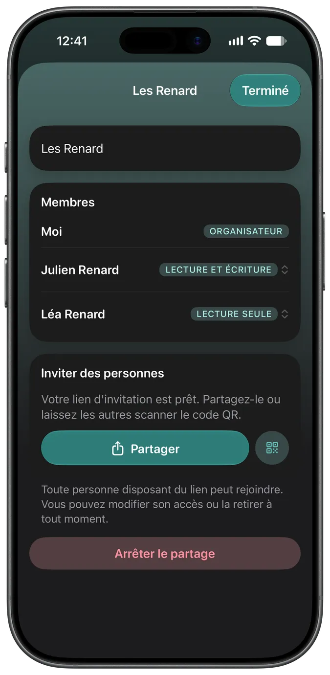Écran de partage avec la famille montrant deux personnes ayant accès au même animal