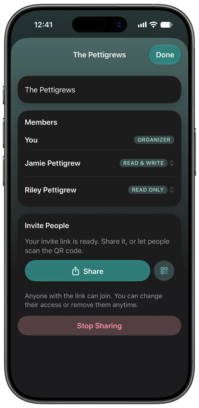 Family sharing screen showing two caretakers with access to the same pet