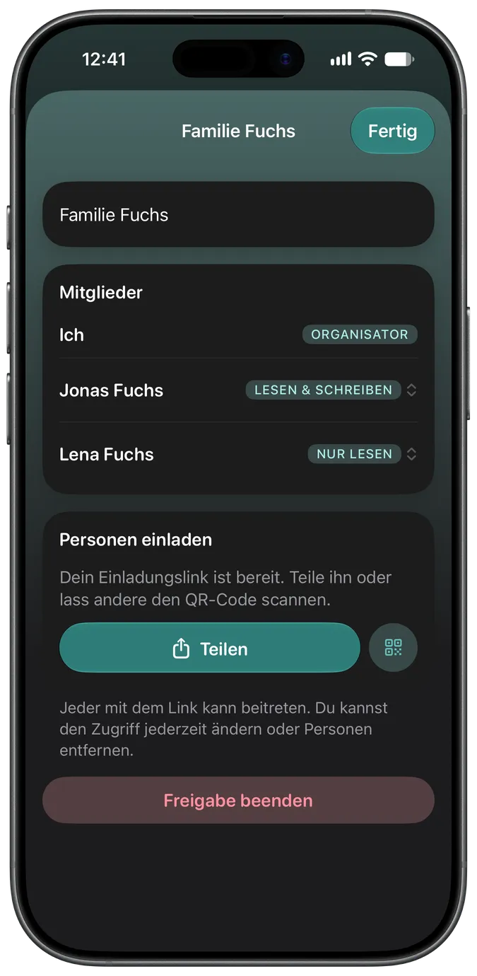 Bildschirm für „Familie teilen“ mit zwei Betreuern, die Zugriff auf dasselbe Haustier haben