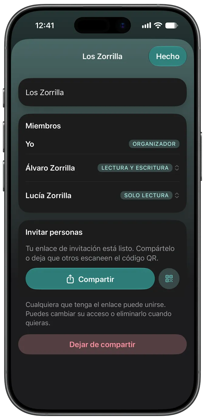 Pantalla para compartir en familia con dos cuidadores que tienen acceso a la misma mascota