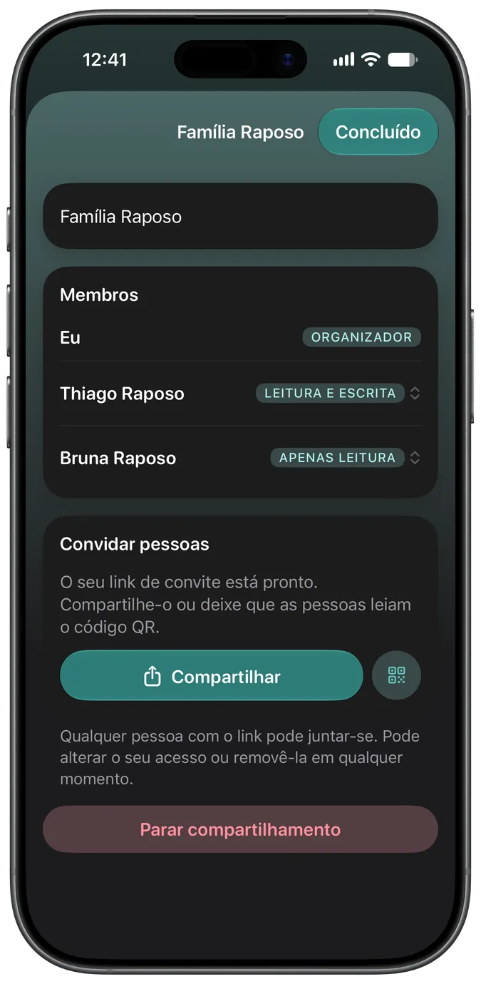Tela de compartilhamento mostrando dois cuidadores com acesso ao mesmo pet