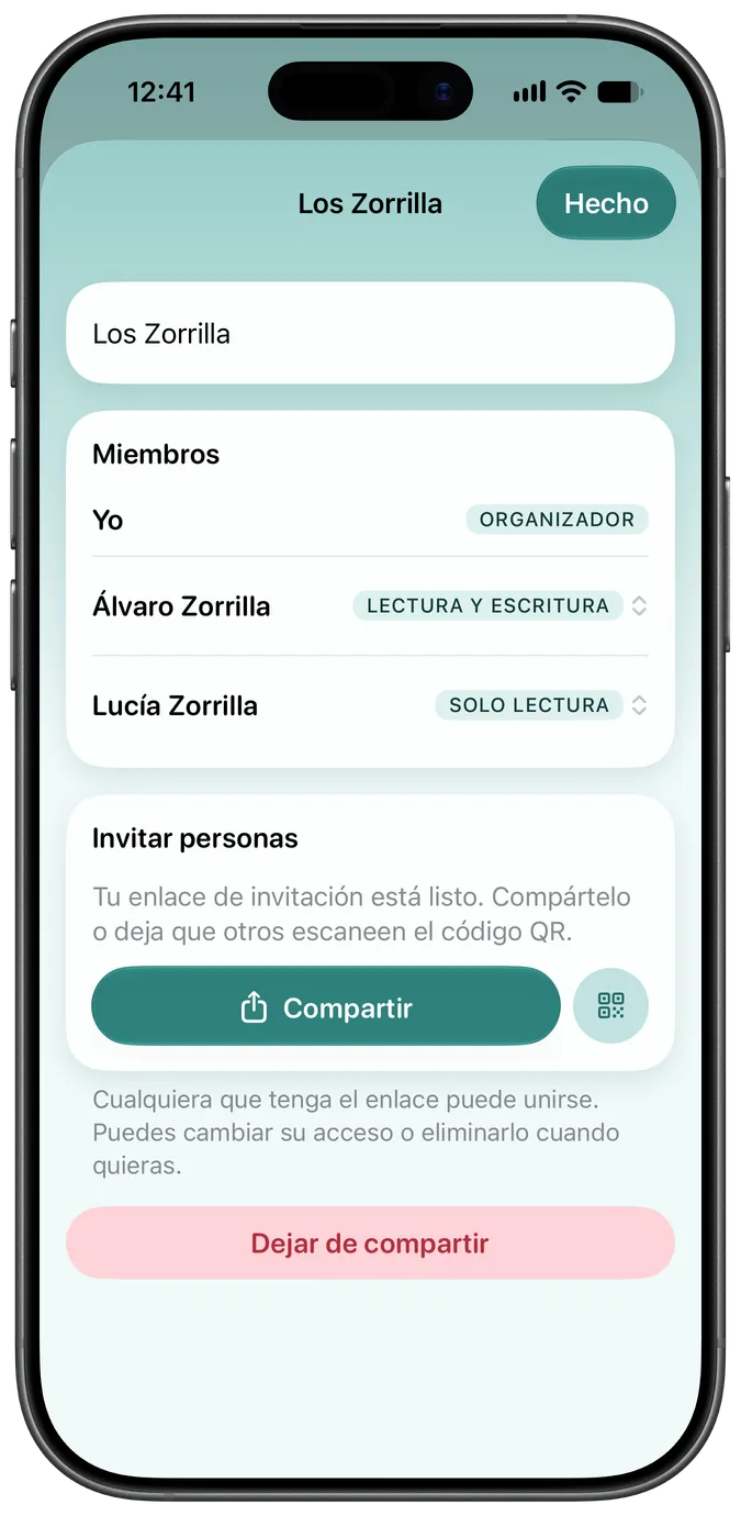 Pantalla para compartir en familia con dos cuidadores que tienen acceso a la misma mascota