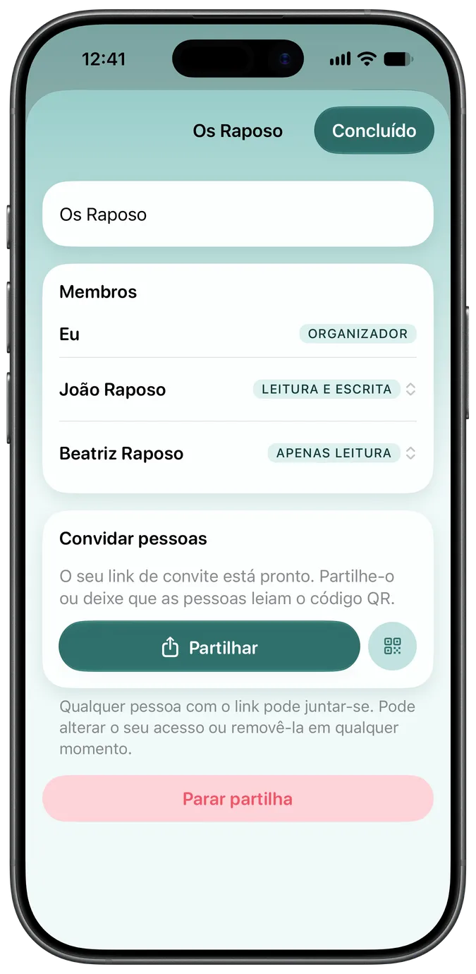 Ecrã de partilha em família com dois cuidadores com acesso ao mesmo animal