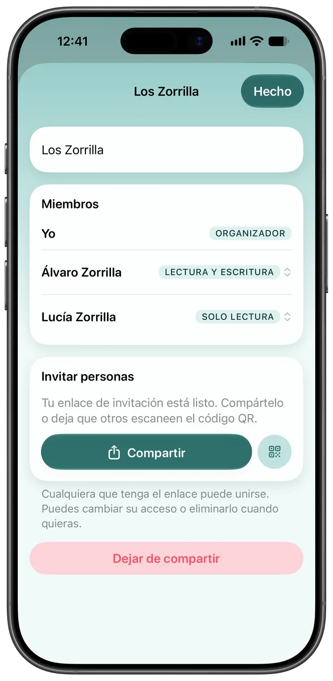 Pantalla para compartir en familia con dos cuidadores que tienen acceso a la misma mascota