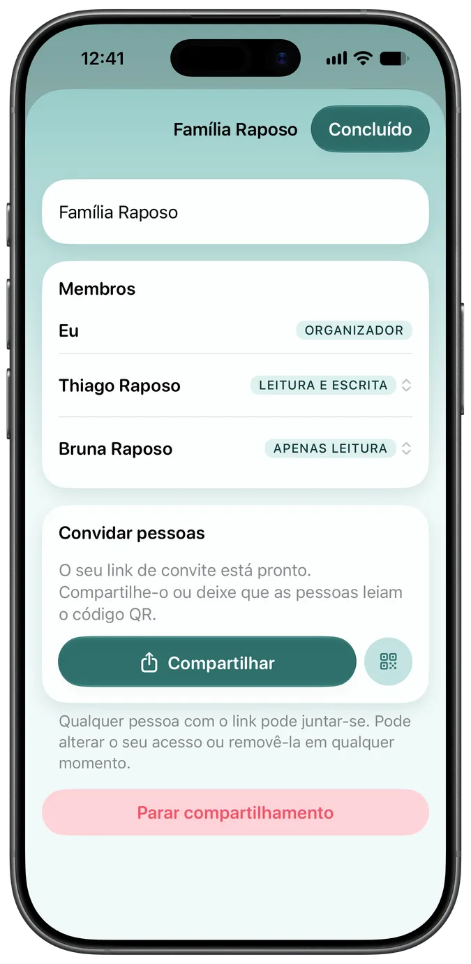 Tela de compartilhamento mostrando dois cuidadores com acesso ao mesmo pet