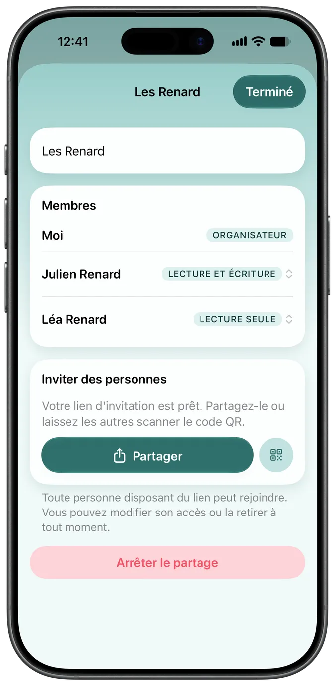 Écran de partage avec la famille montrant deux personnes ayant accès au même animal