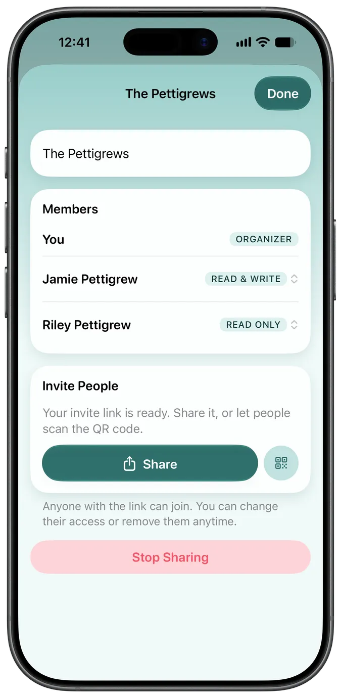 Family sharing screen showing two caretakers with access to the same pet