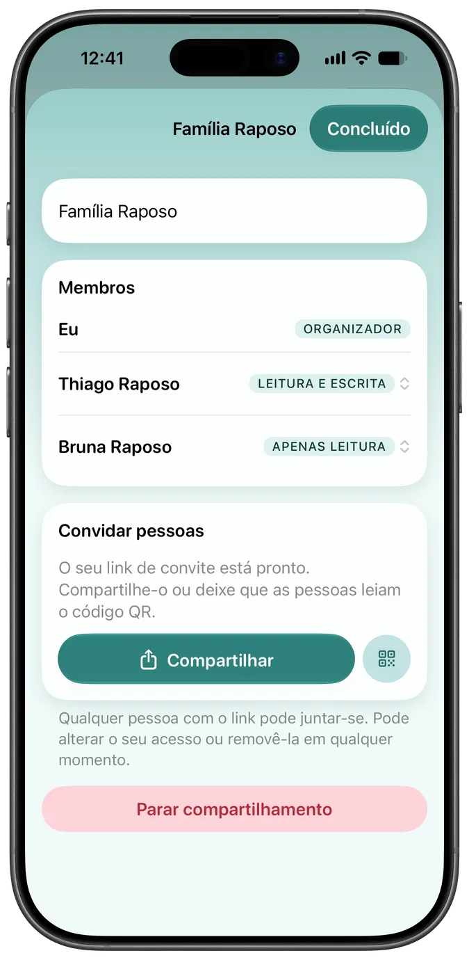 Tela de compartilhamento mostrando dois cuidadores com acesso ao mesmo pet