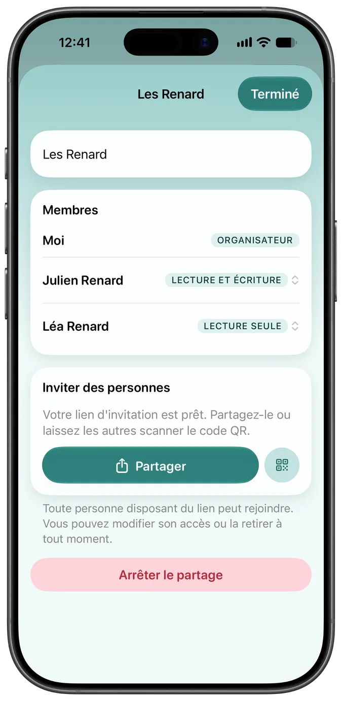 Écran de partage avec la famille montrant deux personnes ayant accès au même animal