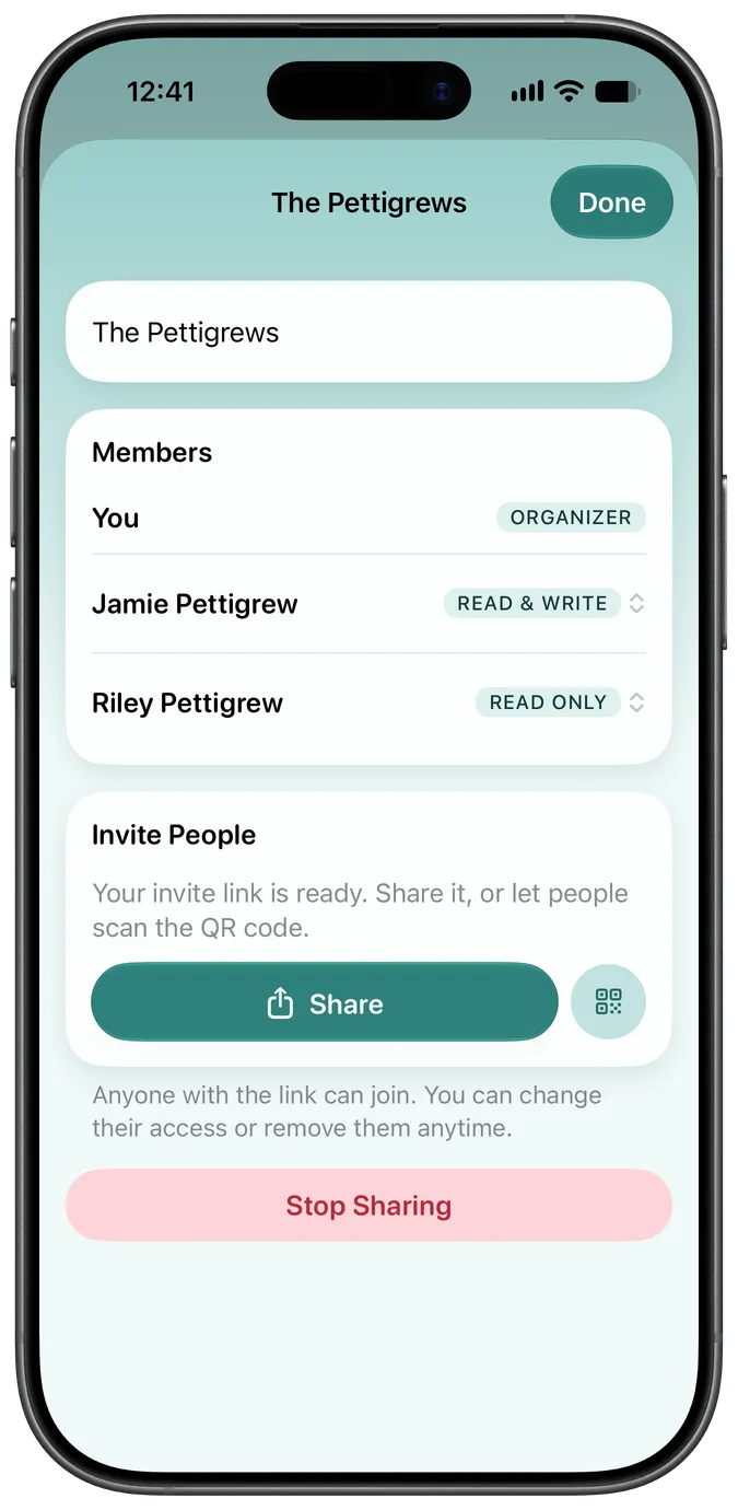 Family sharing screen showing two caretakers with access to the same pet