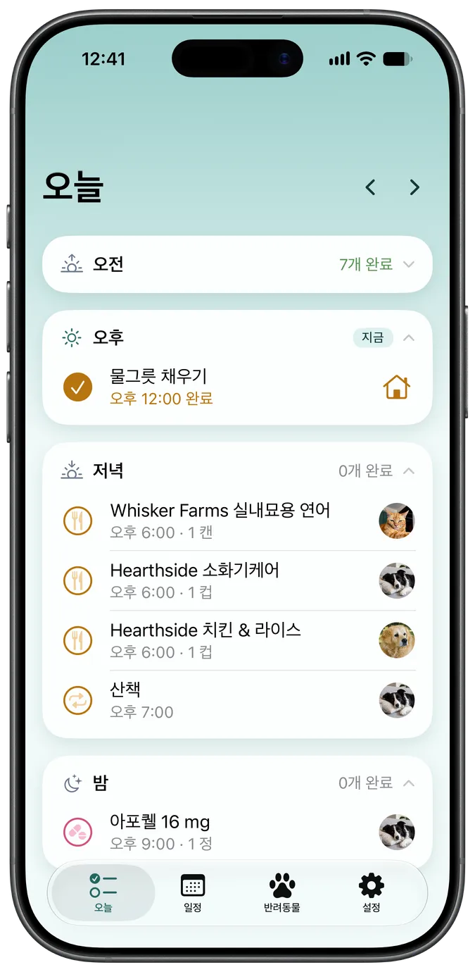 강아지의 오늘 할 일을 보여주는 Snout의 Today 탭