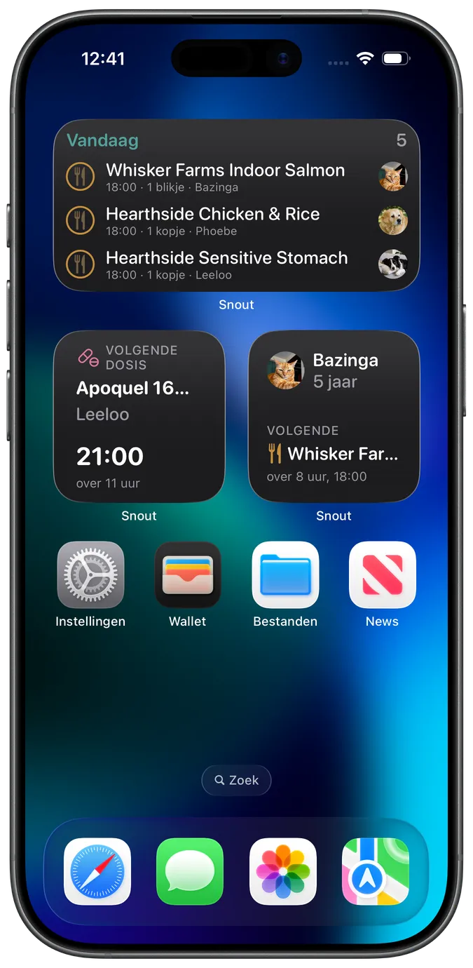 Widgets op het startscherm met aankomende doses, maaltijden en routines