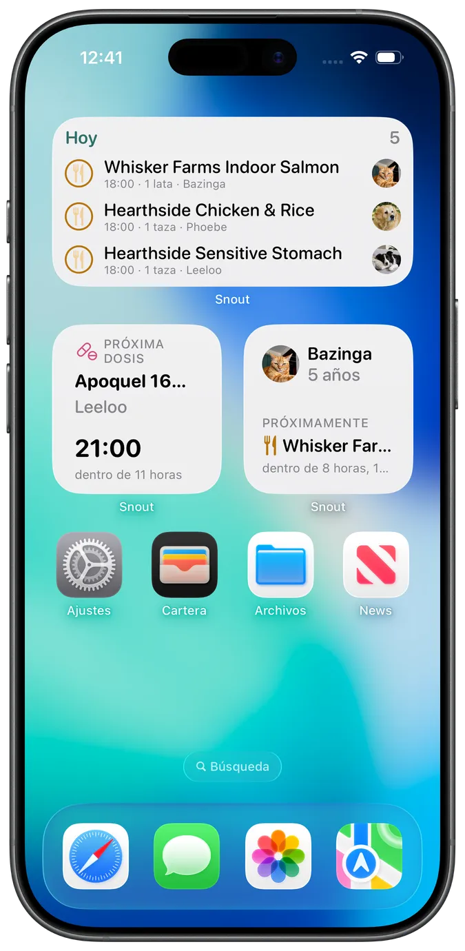 Widgets de la Pantalla de Inicio con las próximas dosis, comidas y rutinas