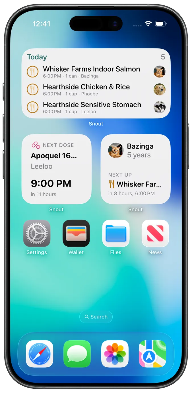 Home Screen widgets showing upcoming doses, meals, and routines