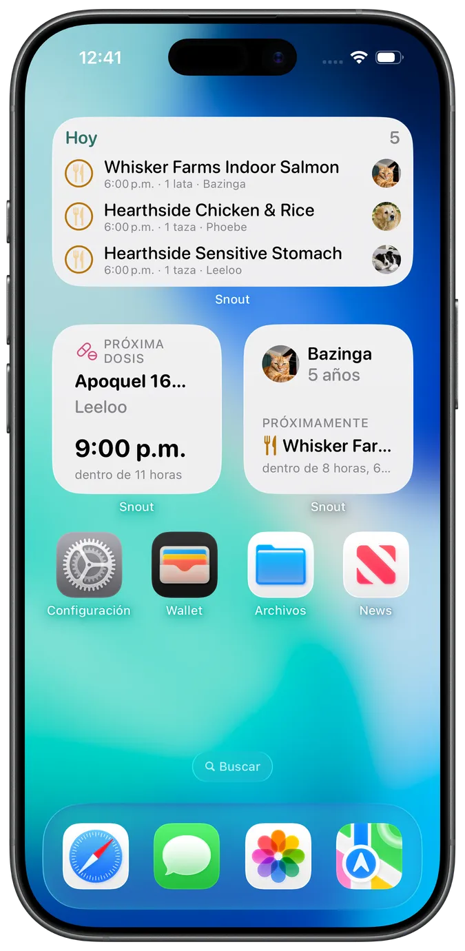 Widgets de la Pantalla de Inicio con las próximas dosis, comidas y rutinas